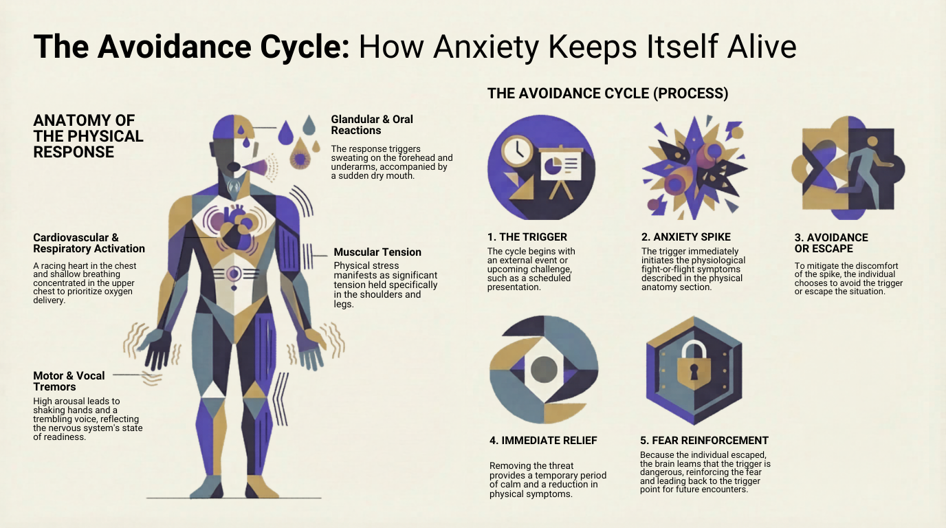 Diagram showing the avoidance cycle in public speaking anxiety — trigger, anxiety spike, avoidance, relief, fear reinforcement